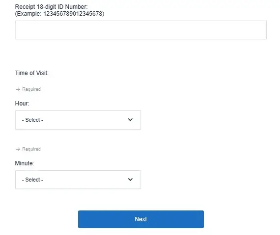 Input fields for the 18-digit survey code and purchase time