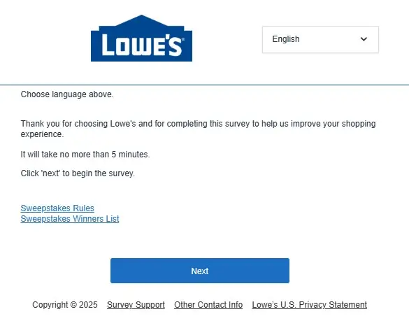 Official Lowe's Survey portal homepage showing the language selection screen
